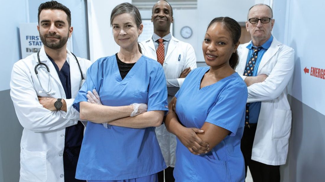 A diverse team of doctors and nurses